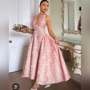 SHEIN Elegant Backless Pink Halter Midi Adjustable Dress Size Small